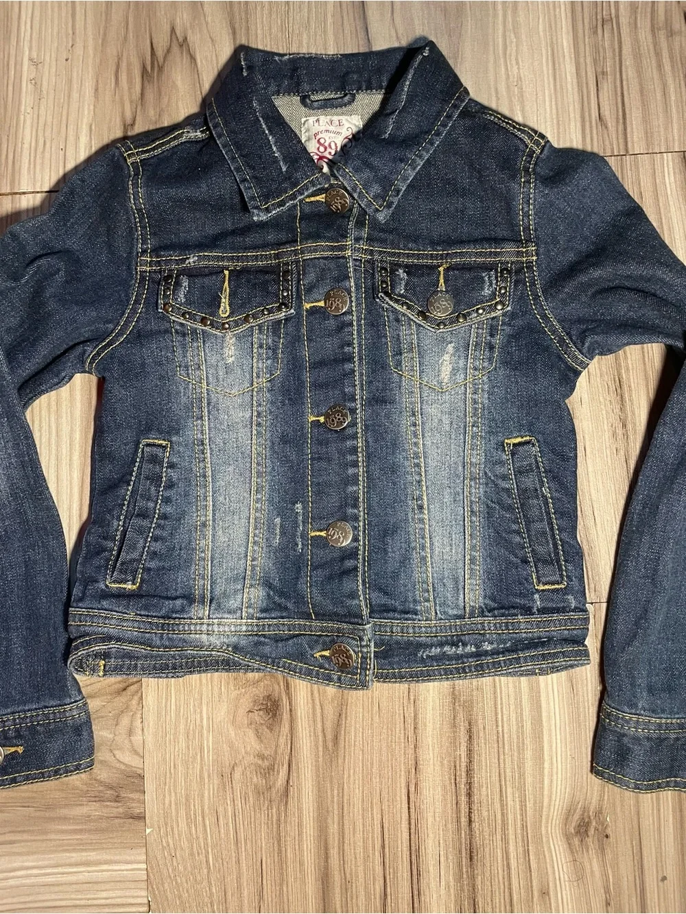 The Children’s Place Girls Distressed Denim Jacket Studded Pockets M 7/8